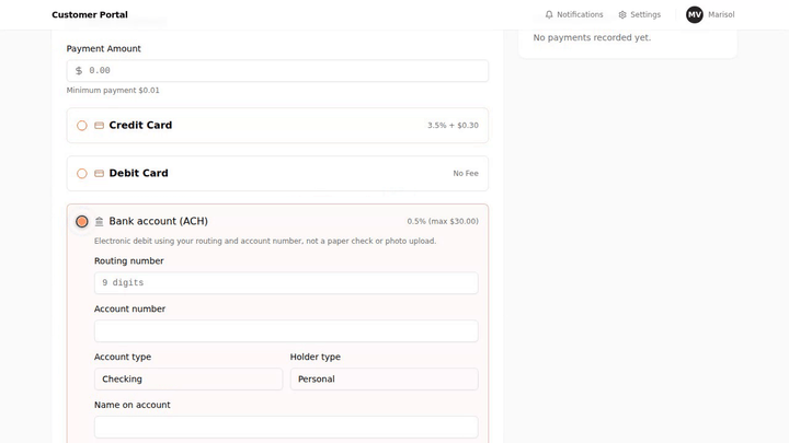 The portal payment methods, with the bank transfer row reading 0.5% (max $30.00).