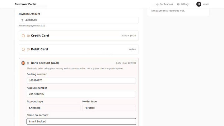 A $3,000 transfer showing a $15.00 fee, the note "0.5% of $3,000.00", and a $3,015.00 total.