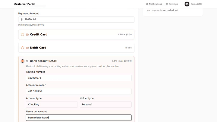 A $10,000 transfer showing a $30.00 fee, the note "0.5% of $10,000.00, capped at $30.00", and a $10,030.00 total.