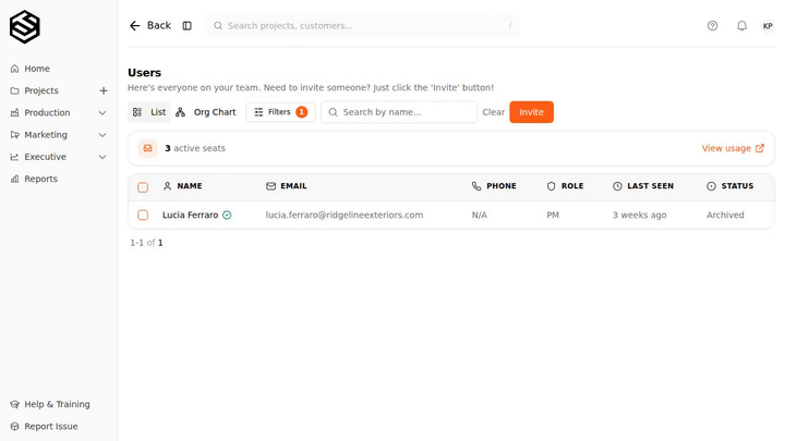 The users list filtered to archived, showing one person, then the same person back on the team list after being restored.