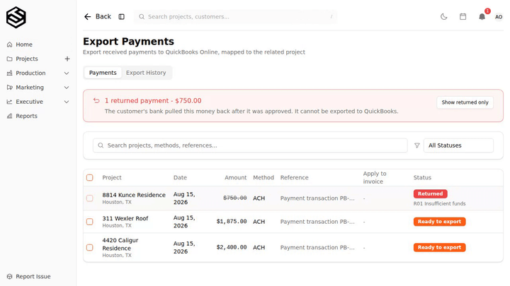 Selecting every row on the export screen leaves the returned payment unchecked, with its reason shown inline.