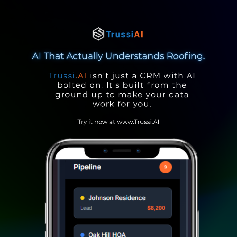 Trussi.ai mobile app showing roofing CRM pipeline with lead, prospect, and production job cards displaying real-time dollar values